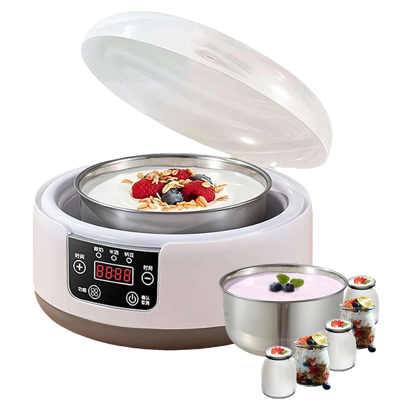 Yogurtera De 1200 Ml, 2 Tipos: Recipiente De Acero Inoxidable + 5 Vasos De 100 Ml, Fermentación por Temperatura, Programación Flexible, para Cocinar En La Cocina, Acampar Y Fiestas.,A