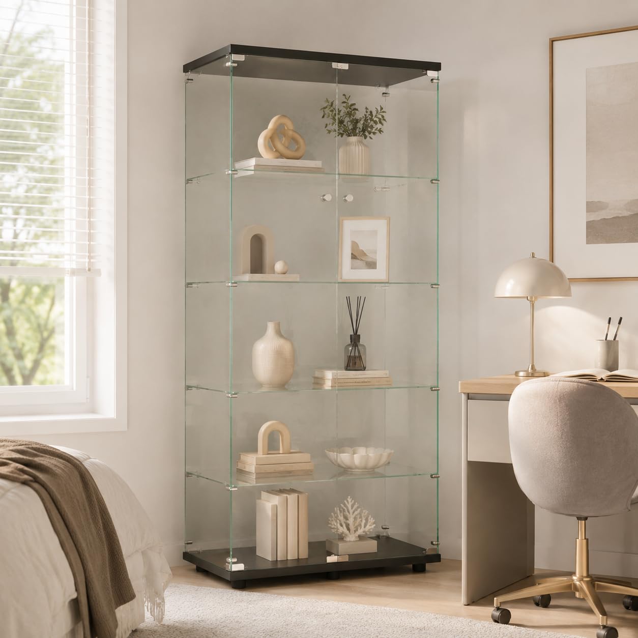 Vitrina de cristal con 4 estantes con puertas dobles, vidrio templado, armario Curio con cerradura, vitrina de colección, estantería de pie para sala de estar o dormitorio (negro sin luz)