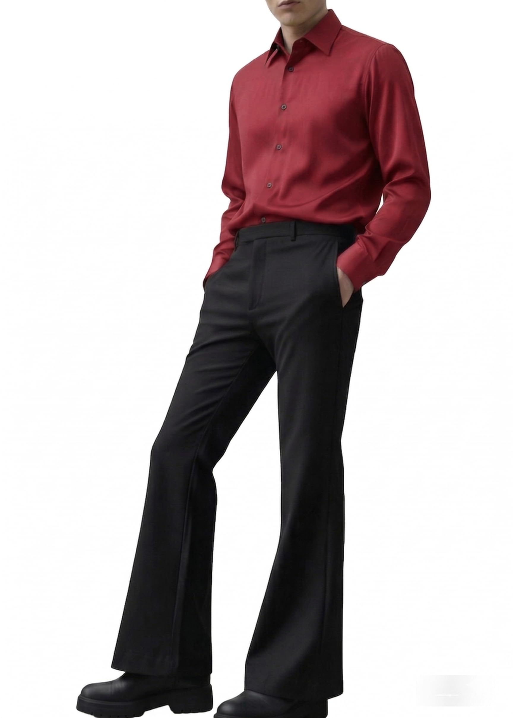 Men's Slim-Fit Flared Trouser, Japnese febric High-Waisted Modern Bootcut Bellbottom Pant, Black-picture-18