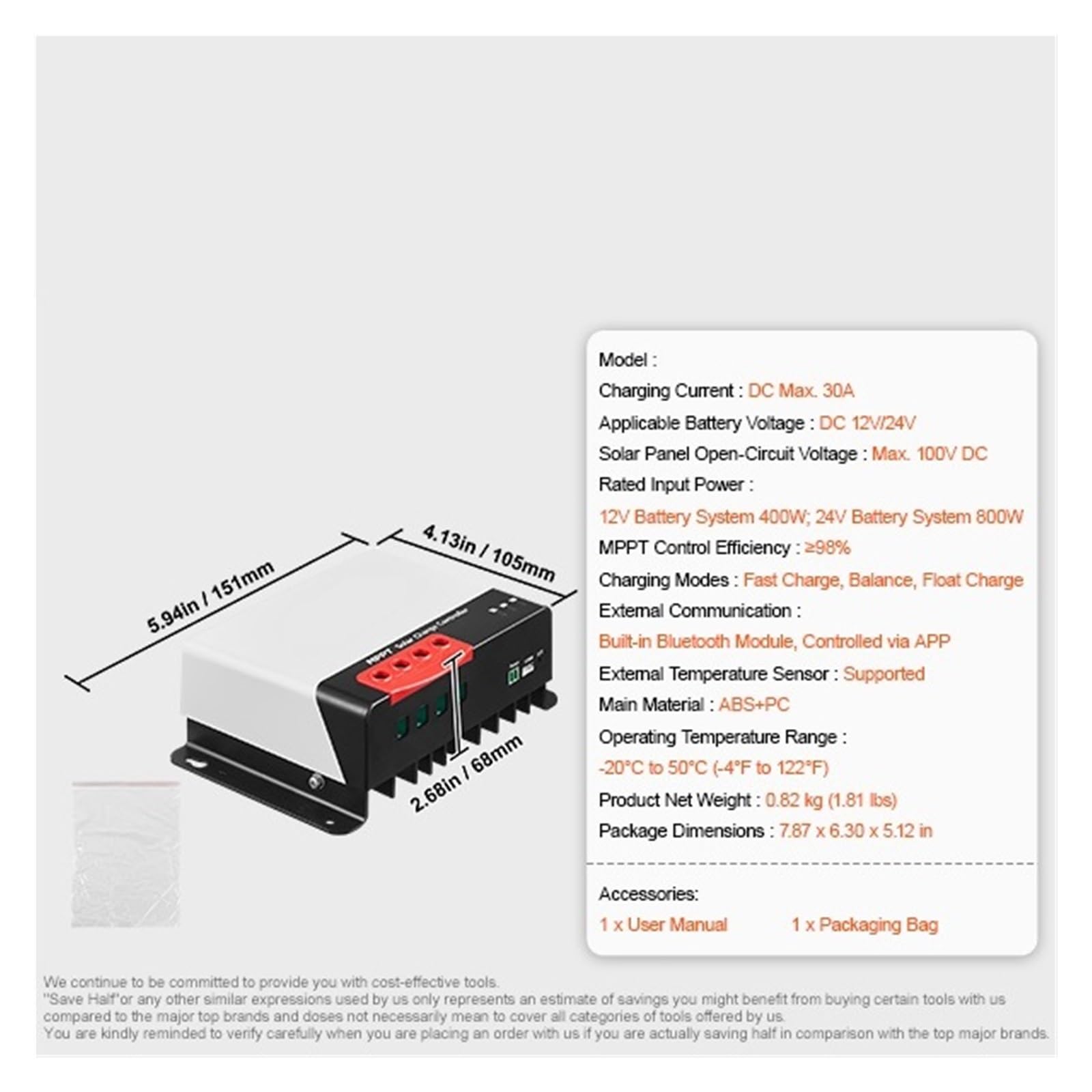 Regolatore di Carica Solare MPPT 30A/40A/50A con Ingresso CC Automatico 12V/24V, Modulo Bluetooth for La Ricarica di Batterie al Litio Sigillate (AGM) Efficiente E Stabile(30A)