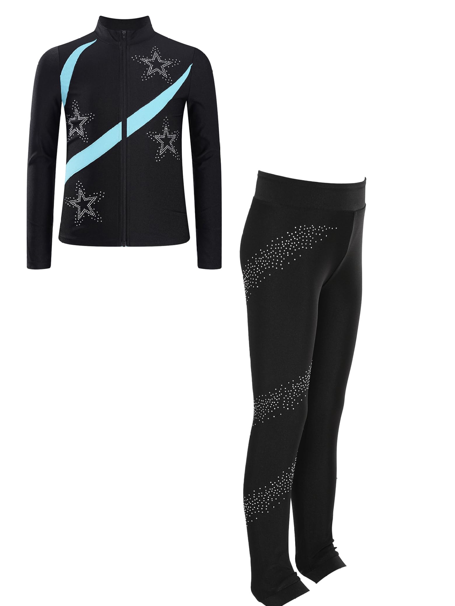 Jydiazi Mädchen Eiskunstlauf Anzug Glitzer Strass Jacke Leggings Colorblock Kinder Eislaufen Tanzanzug Set Hellblau 158-164