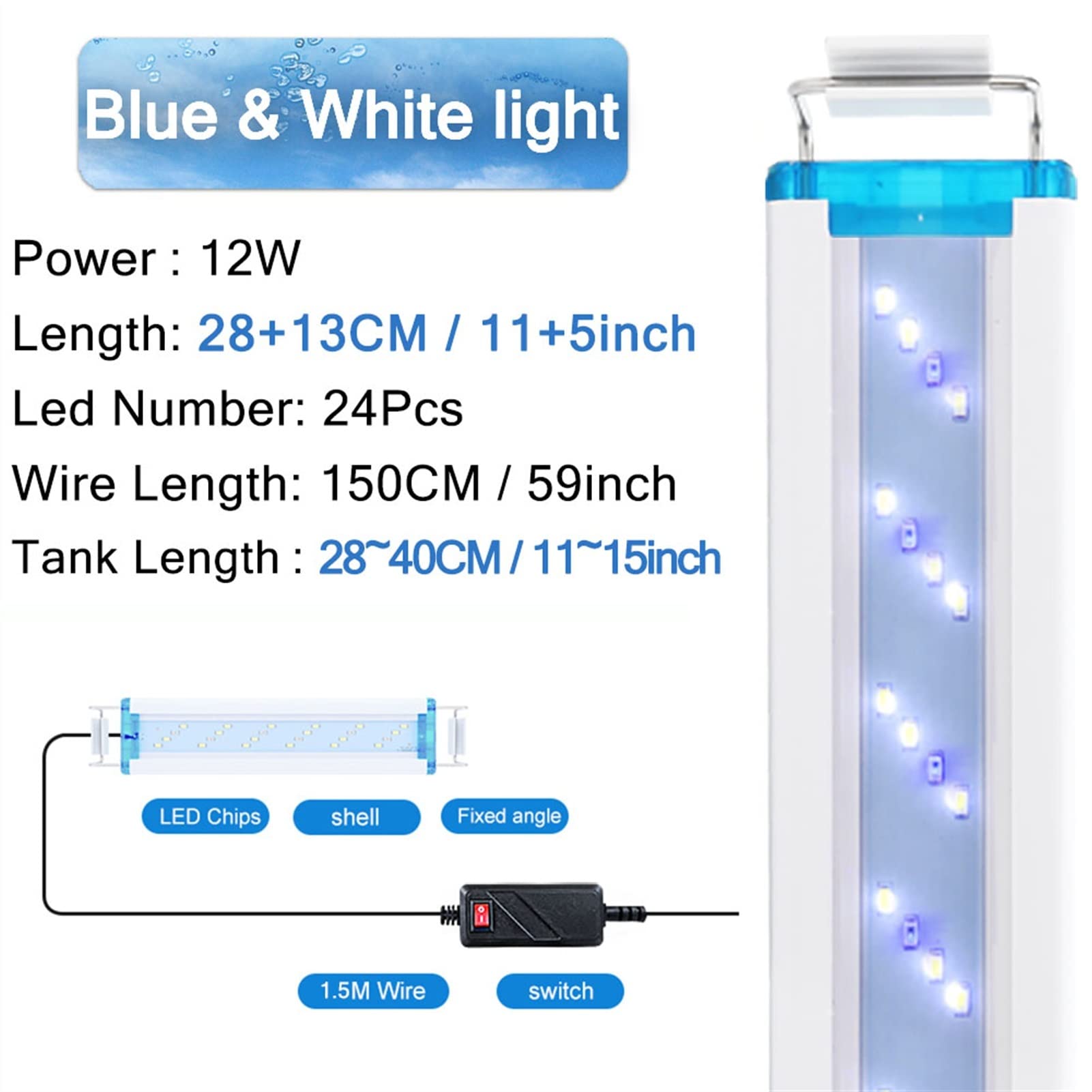 Luz para Piscina Super delgado Le Luz acuática de iluminación de acuario DS 18-7 5 cm Clip impermeable extensible en la lámpara for el tanque de peces ( 8W / 12W / 16W / 20W / 24W) Luces Sumergibles (
