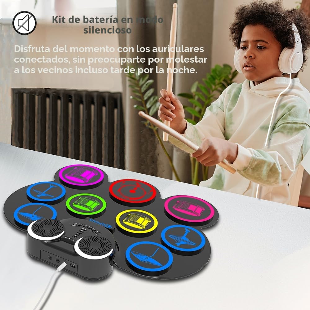 CNAPXAIA Batería Electrónica, 9 Pads Batería Musical Enrollable con Altavoz Incorporado/Bluetooth/MIDI, Set de Bateria Electrica Instrumentos Musicales para Infantil y Principiantes