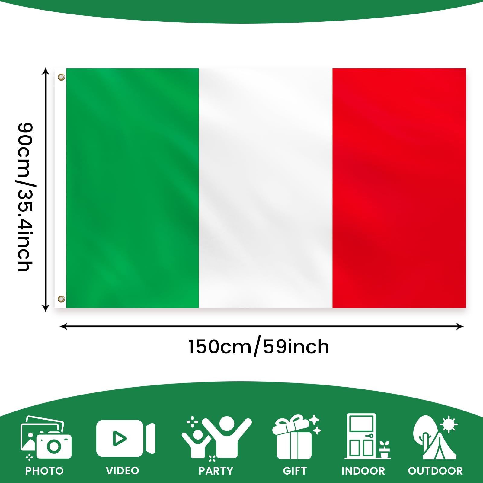 PartyYaa Italian Flag, 5ft x 3ft Italy Flag for Party Decoration Single Side with 2 Brass Eyelets, Waterproof - Image 2