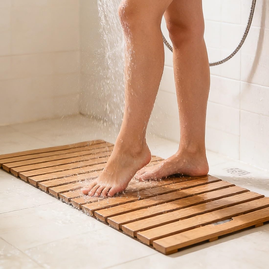 MESOVFCA Teak Wood Shower Mat for Bathroom 40x50cm/15.7x19.7in Non Slip Wooden Bath Mat Luxury Sturdy 20 24 28 32 36in Bathtub Floor Mats Ideal for Indoor Outdoor