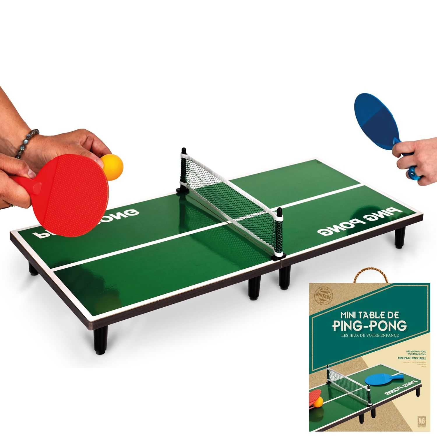 Mister Gadget, MG3385, Tavolo da Ping Pong 60x30cm, Modello Piccolo, Divertimento Divertente, Legno MDF e Plastica, Verde, Nero, Bianco, Blu, Rosso, Dimensioni: 60 x 30 x 7 cm
