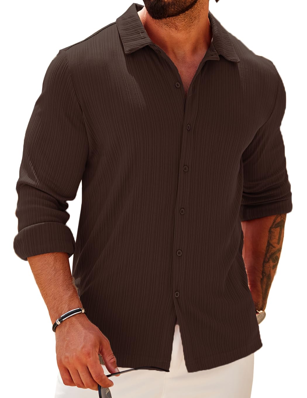 COOFANDYAthletic Fit Dress Shirts for Men Ribbed Knit Textured Button Down Shirts