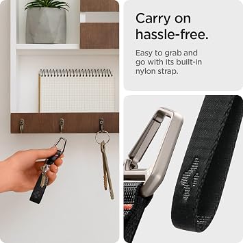 Spigen Anahtarlık Kanca ve Kayış Carabiner Siyah - AHP05472 (Spigen TR Garantili) | Naylon bantlı ve çinko alaşımlı sağlam anahtarlık - Siyah