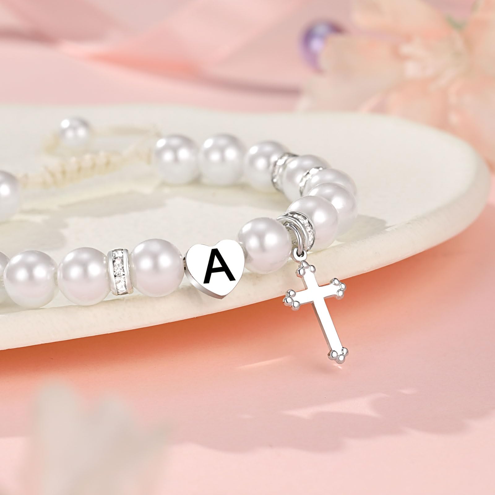 UNGENT THEM Initial Heart Cross Charm Bracelet for Girls, Baptism First Communion Easter Confirmation Gifts for Girls Teens