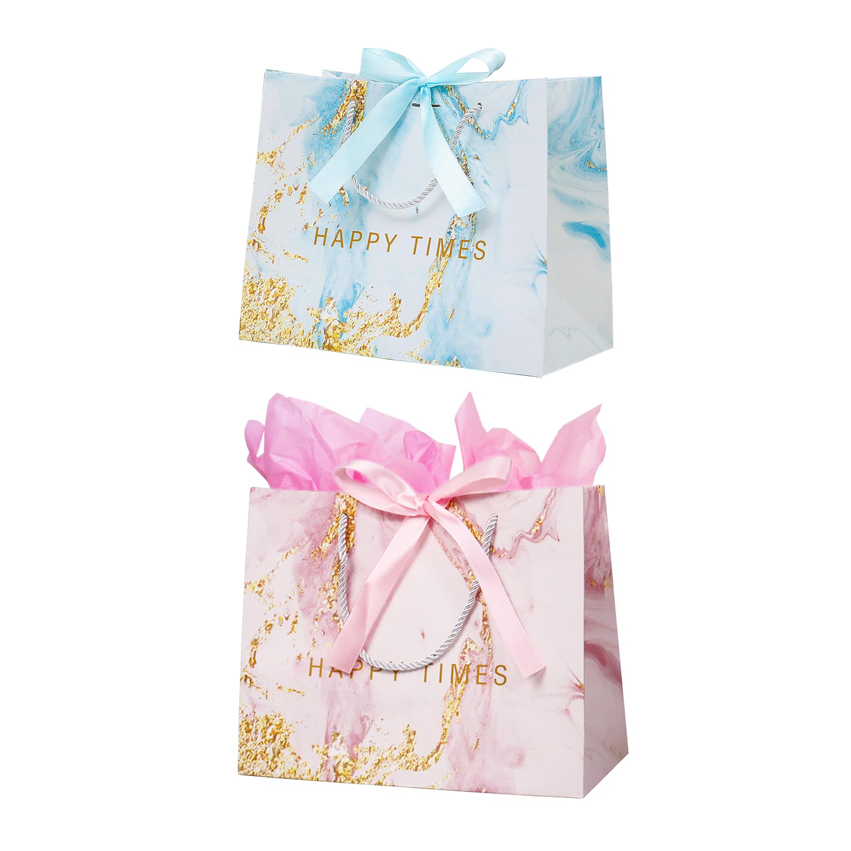 2 Stück 25× 20× 12cm Geschenktüten mit Schleifenbändern und Henkel, Papiertüten geschenktüten geburtstag, Geschenktasche für Geburtstag Hochzeit Feier Party Weihnachten(Rosa, Blau)