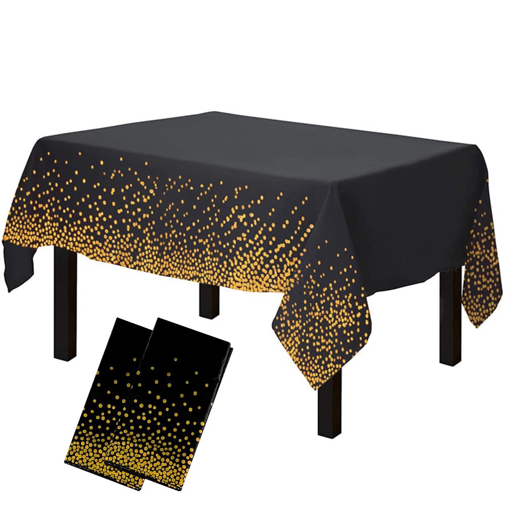 Mu Mianhua 2Pcs Black and Gold Party Tablecloth Plastic Tablecloth Table Cover Rectangular Party Disposable Table Cloth for for Picnic, Halloween, Christmas, Birthday Decorations