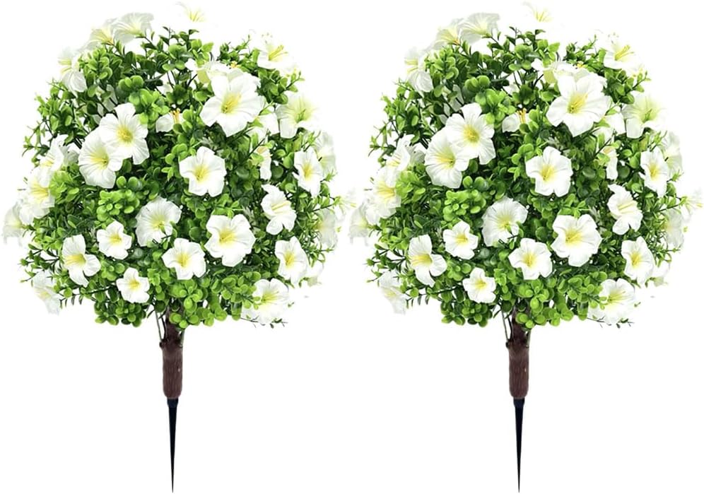 Outdoor Artificial Morning Glory Flowers with Stakes,2 Pcs 23 in UV Resistant Faux Greenery Shrubs,Realistic Fake Morning Glory Bushes Plants,Indoor Outdoor Spring Summer Decoration (White)