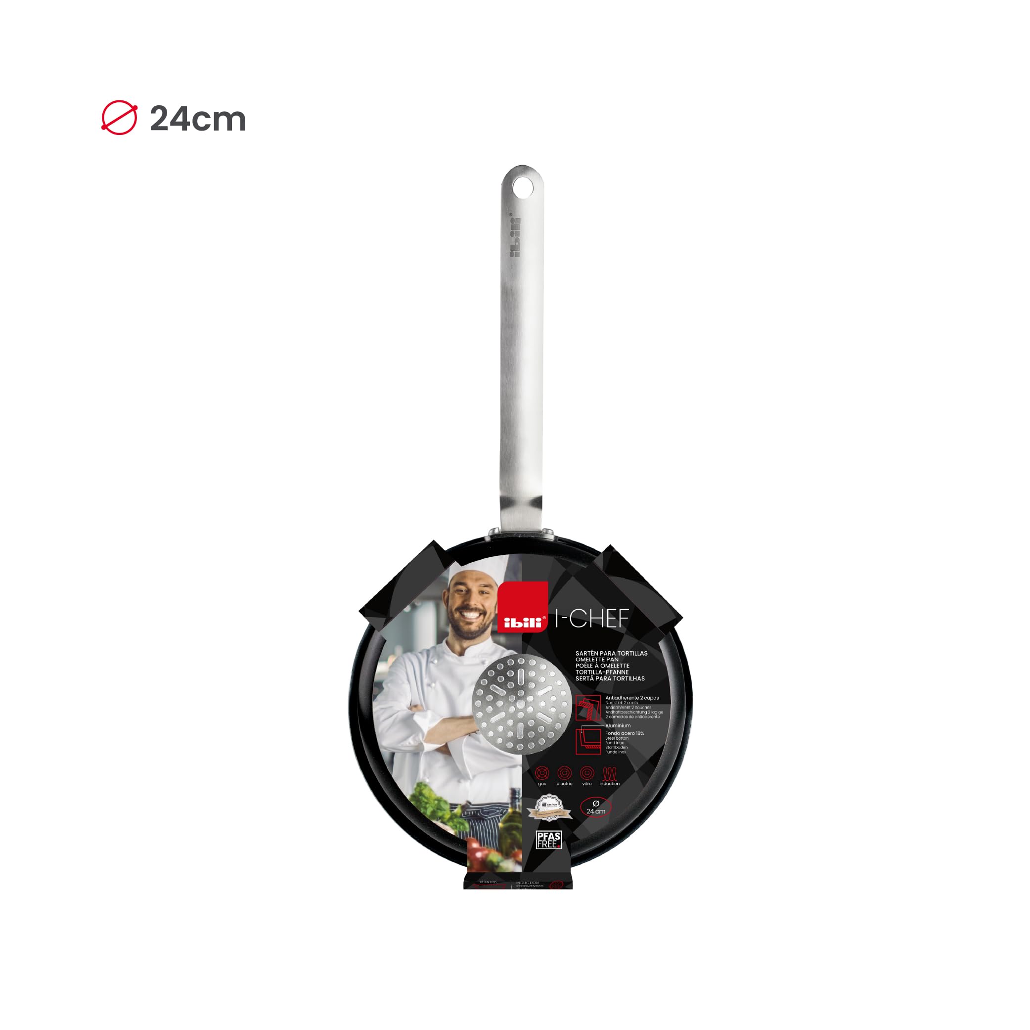 IBILI - Sarten tortilla patatas I-CHEF, 24 cms, Aluminio, Mango de Acero Inoxidable, Antiadherente, Apto para induccion