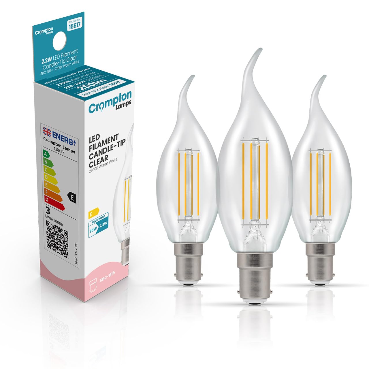Crompton Lamps Bent-Tip Candle LED Light Bulb SBC-B15d | 2.2W = 25W Equivalent | Warm White 2700K | Flame Tip | Small Bayonet Lightbulb | Long Life 15,000-Hrs | Clear Glass | 3-Pack