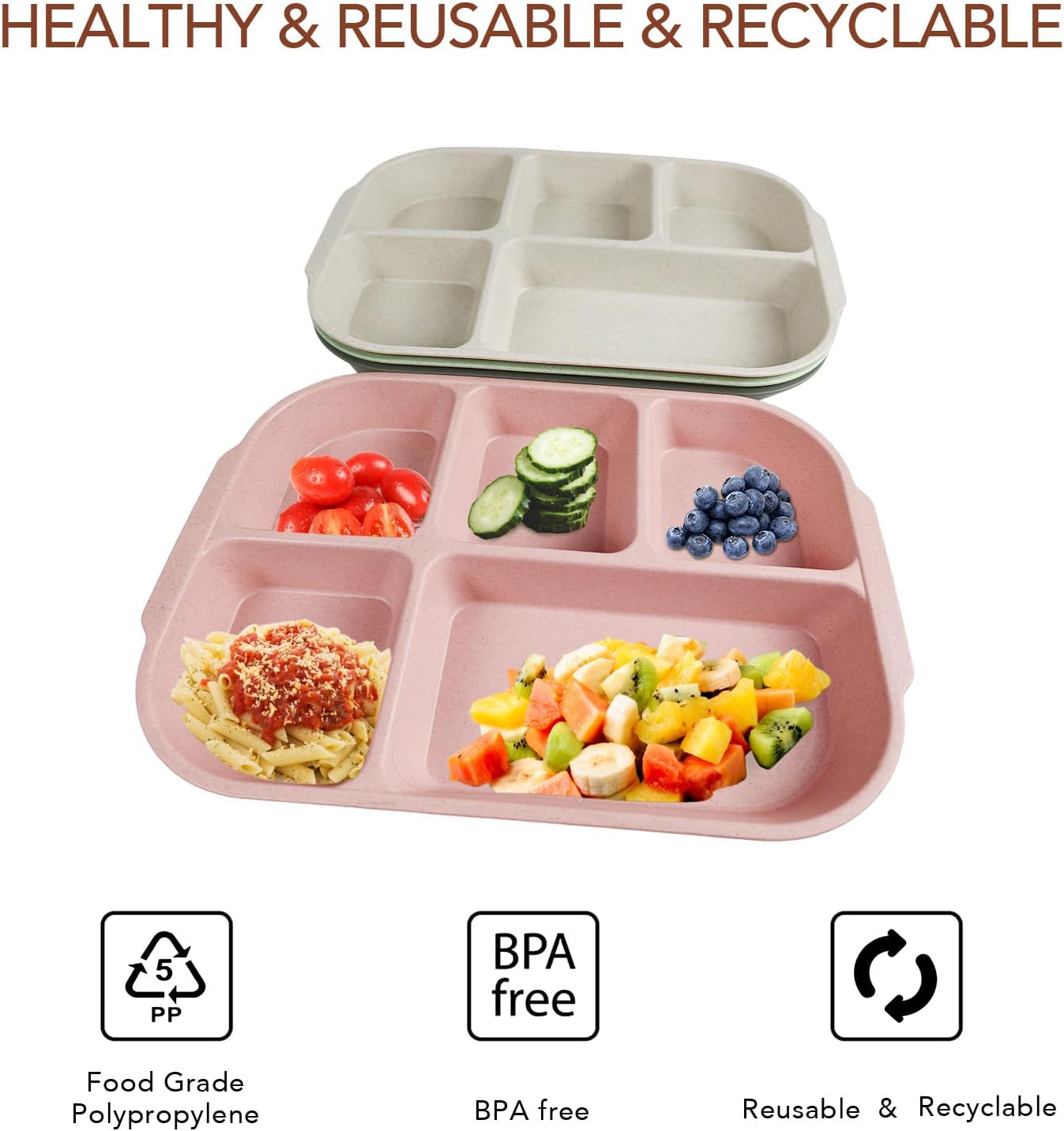 greenandlife 10.8 Inch 4PCS Divided Plates for Kids Adults, Portion Control Plates, Dishwasher & Microwave Safe Compartment Plate, Unbreakable Lightweight Reusable Wheat Straw Plates, INS - Image 4