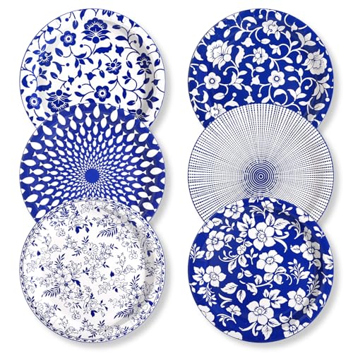 Yacoto 90 Pcs Paper Plates 10 Inch Bulk Thick Heavy Duty Disposable Printed Blue and White Plate for Party Wedding Birthday Tea Picnic Barbecue Everyday Use Soak Proof Cut Proof
