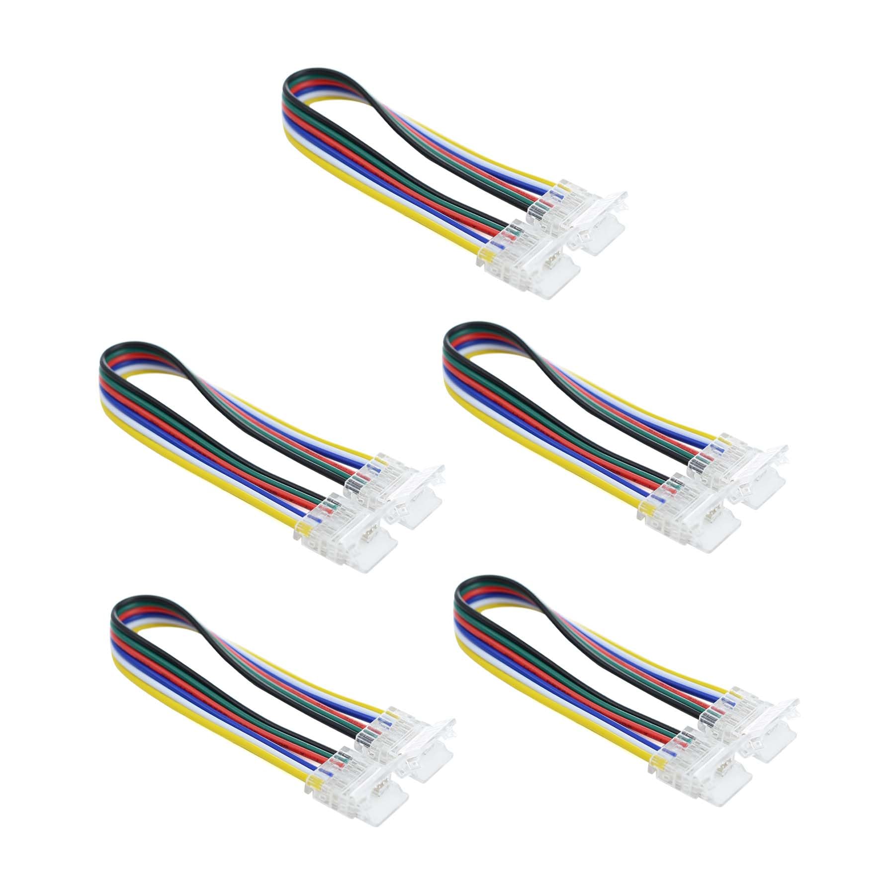 G.w.s 6 Pin Rgb+Cct Strip G.w.s® Solderless 2 End Wire Connectors, For 12Mm Wide 6 Pin Rgb+Cct Led Cob Strip Lights, Pack Of 5