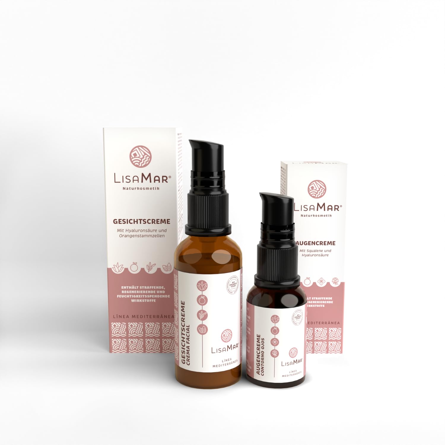 LisaMar® Naturkosmetik Set mit Gesichtscreme Anti Aging mit Hyaluron & mediterranen Ölen und Augencreme gegen Tränensäcke, Falten und Augenringe.