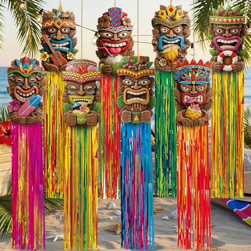 Affrolling 8 Pcs Tiki Party Decorations Hawaiian Luau Party Decoration Tiki Totem Hanging Decorations with Tassels for Aloha Hawaii Luau Tropical Survivor Themed Supplies 3.3 ft Outdoor Summer Decor