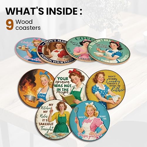 Miniatura 4 de ANATTASOUL Juego de 9 posavasos de madera con patrón retro de ama de casa, a granel, redondos, regalo de inauguración de la casa para el nuevo