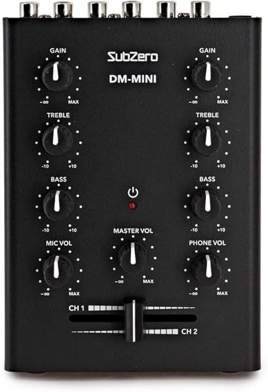 SubZero 2 Channel Desktop Mini DJ Mixer with Crossfader & Mic Input