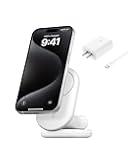 MagSafe-Compatible Charger, 2-in-1 Magnetic Foldable Charger 15W - Qi2-Certified Wireless Charging for Apple iPhone 16, Apple Watch, Samsung Galaxy S25 w/Non-Slip Base, PSU Included - White