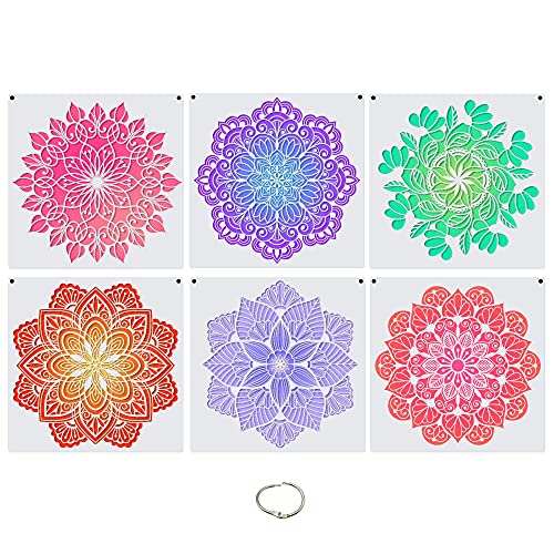 Large (12x12 inch) Mandala Pattern Stencils Painting for Furniture Wall Floor Tile Fence Painting, Reusable Laser Mandala Templates, Sacred Boho Style, Set of 6