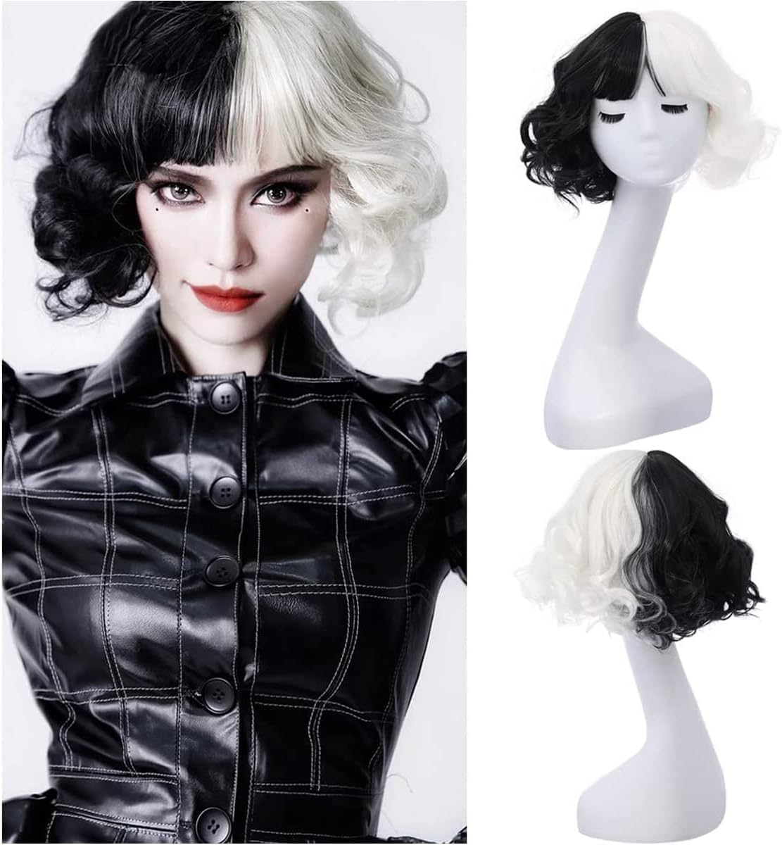 Generic Half Black White Wig with Bangs Women Girls Short Curly Wavy Wig Black and White Hair Wigs Cosplay Costume Party Wig (Black&White)