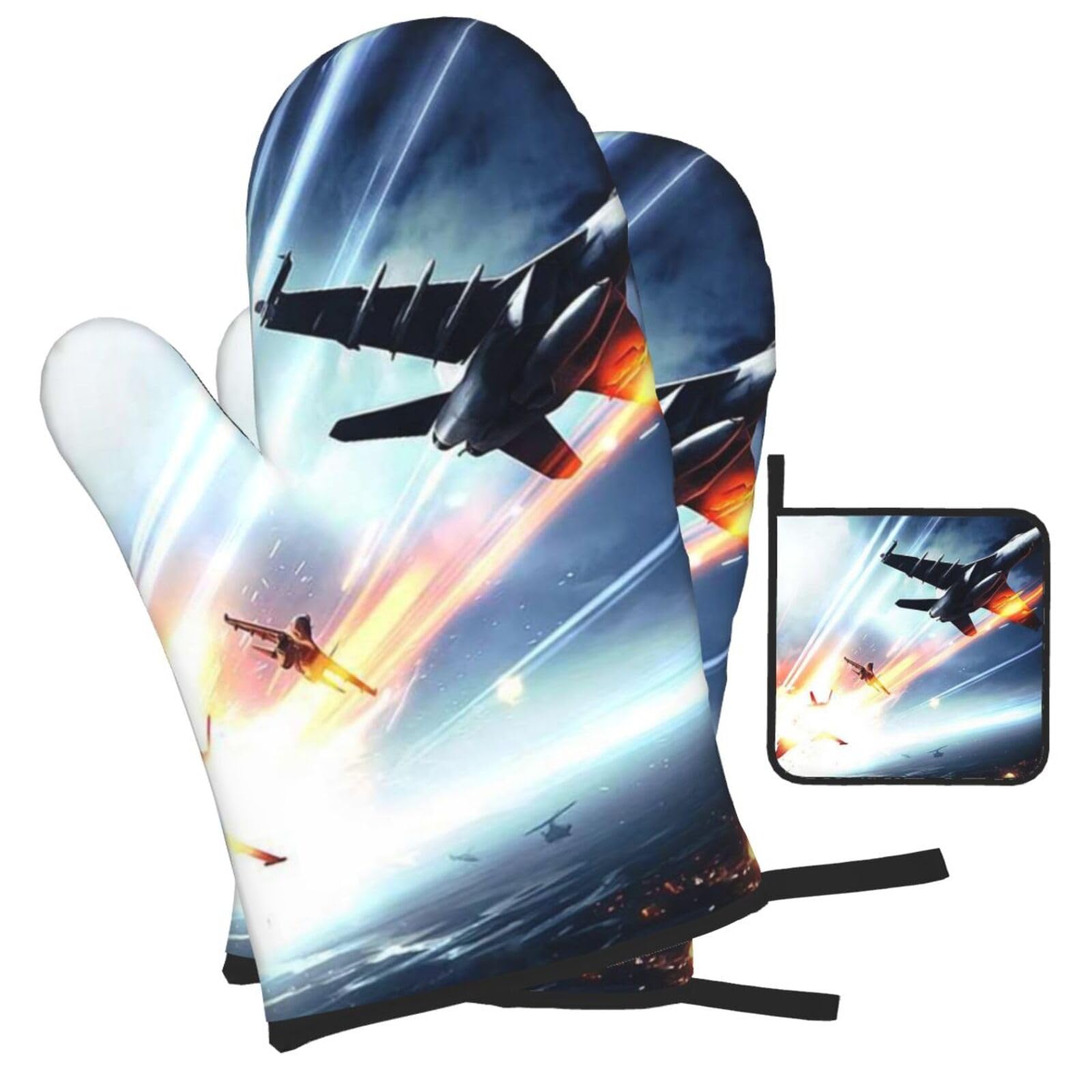 Airplane Printed Oven Mitts and Pot Holders Heat Resistant Set of 3 Pcs, Modern Kitchen Gloves & Potholders for Cooking Baking Grilling