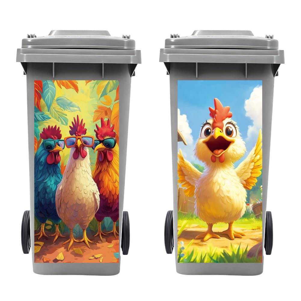 Peacoblue Wheelie Bin Stickers 2 Sheets Cartoon Chicken Rooster Sticky Dustbin Stickers Decals, 15"x 32" Waterproof Large Wraps for Bins, Fridge, Wall Outdoor Indoor Patio Decor, Home Decoration