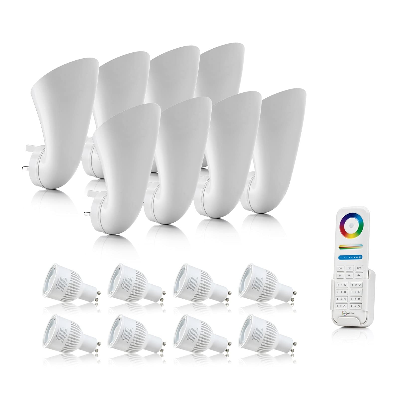 Auraglow Plugin GU10 Spotlight Uplighter Wall Wash Light Plug Socket Lamp with Colour Changing LED Smart Bulb & 8 Zone Remote - 8 Pack