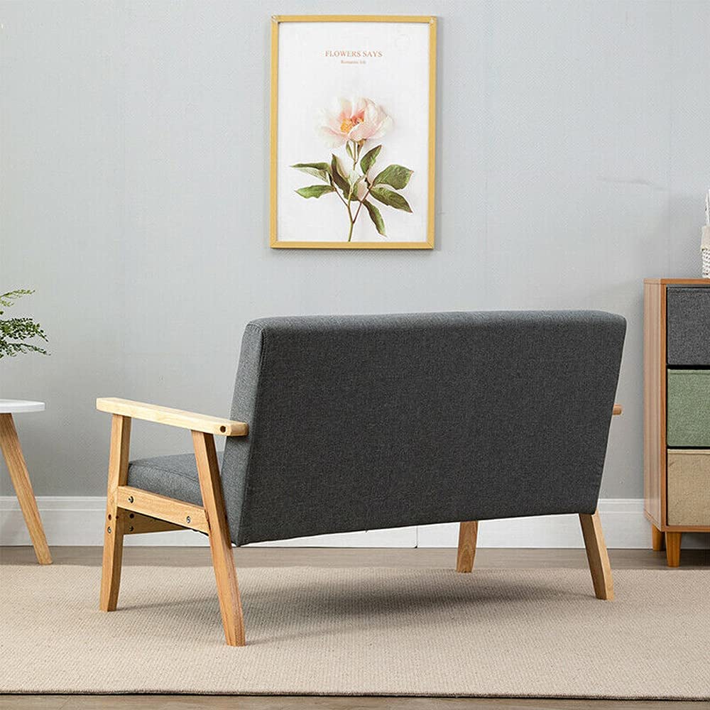 Dripex Divano a 2 posti, in tessuto, moderno e scandinavo, divano lounge in legno e tessuto di lino, per soggiorno, camera da letto, ufficio, grigio scuro, 113 x 67 x 75 cm, Grigio Scuro