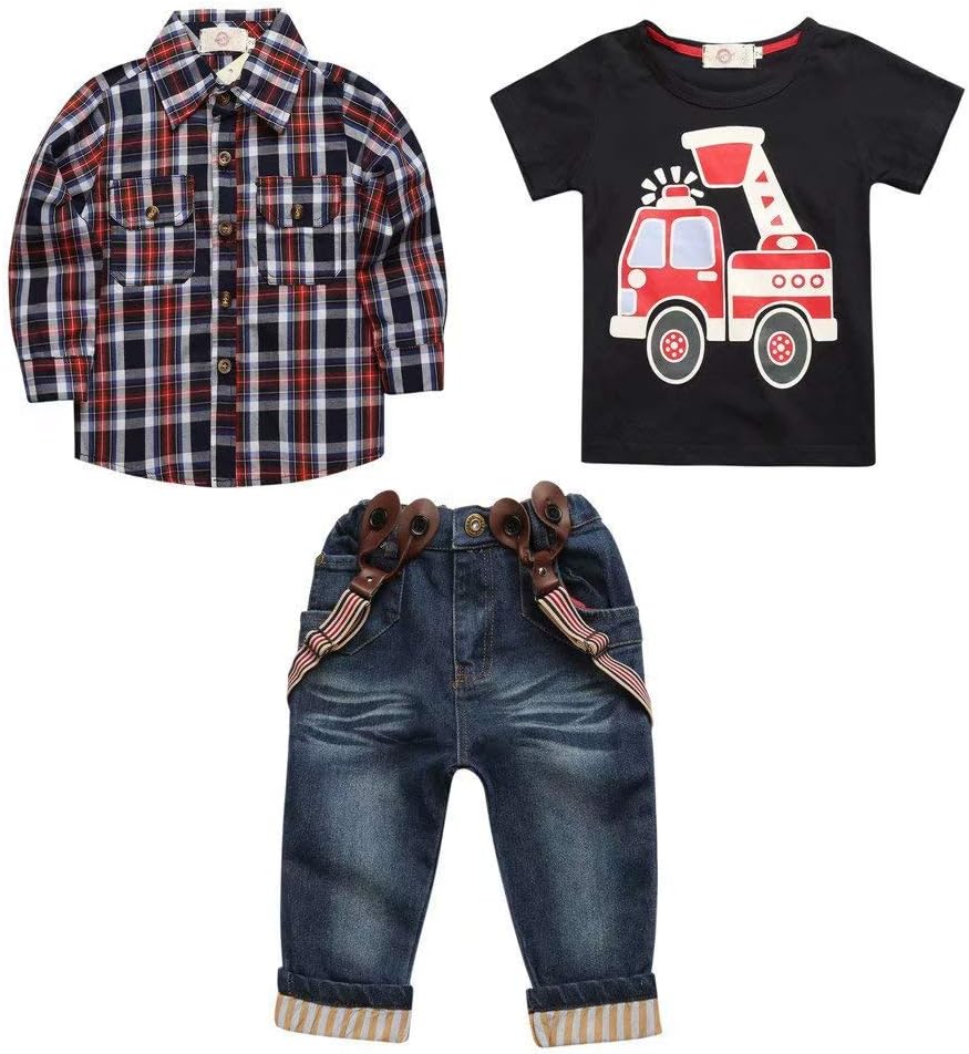 Hooyi 3pcs Jeans Set for Boys Plaid Shirt Overall Car T-Shirt Kids Playwear Fire Engine Tops Pants Trousers Outfit