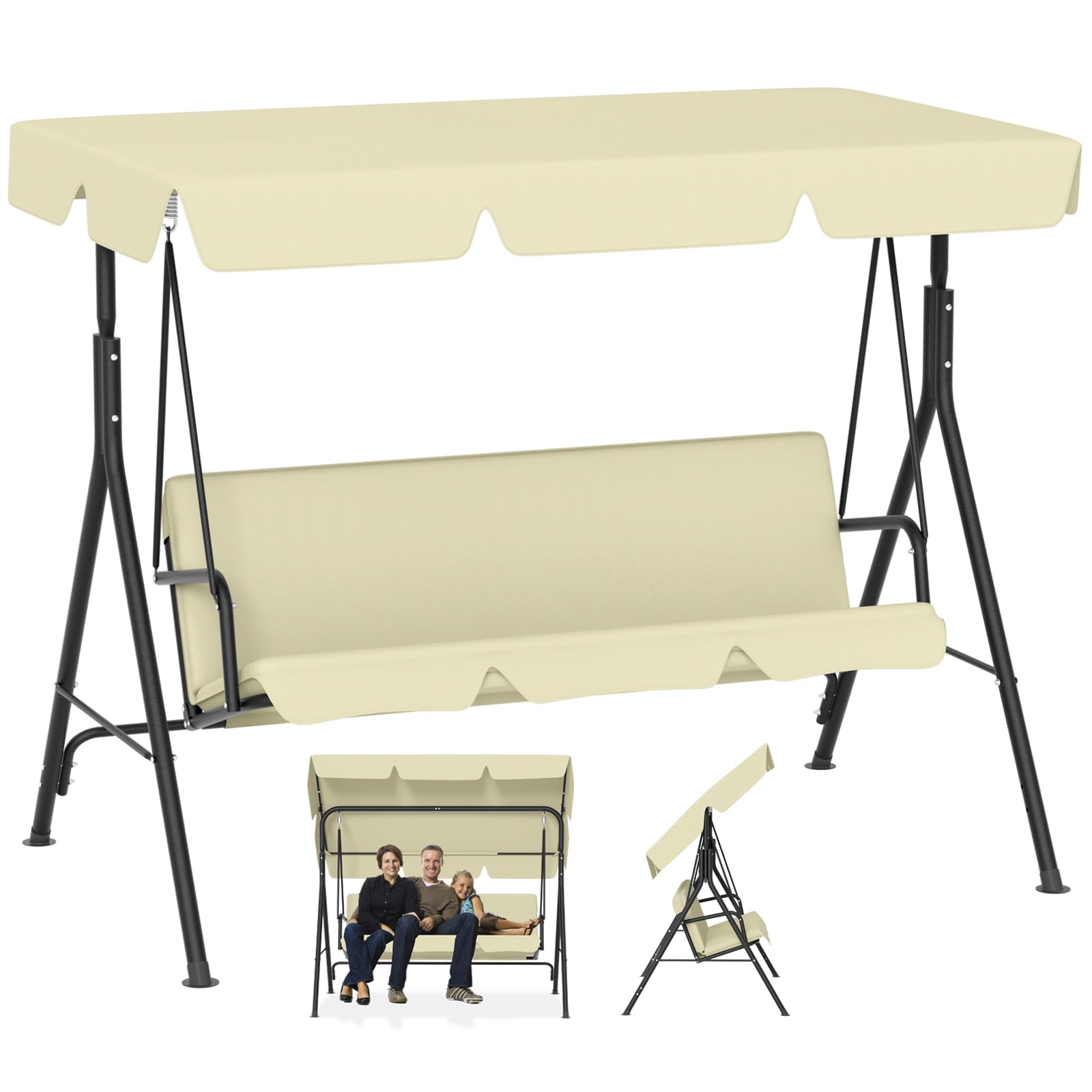 Froadp Balancelle de jardin d'extérieur avec toit, 3 places, charge jusqu'à 200 kg, résistante aux intempéries, pour adultes, pour jardin, balcon, terrasse, 176 x 110 x 152 cm, beige