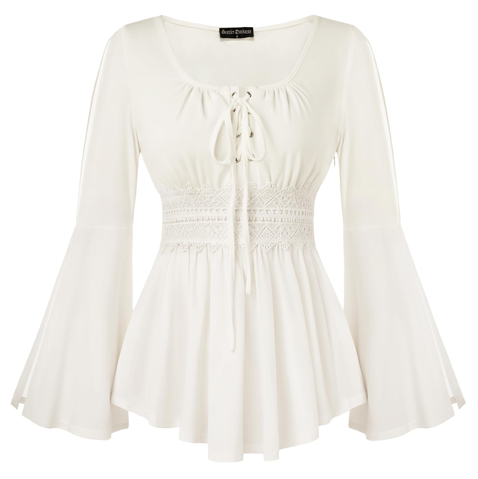 SCARLET DARKNESS Renaissance Trachtenbluse Damen Spitze Gesmockt U-Ausschnitt Tunika mit Bändern