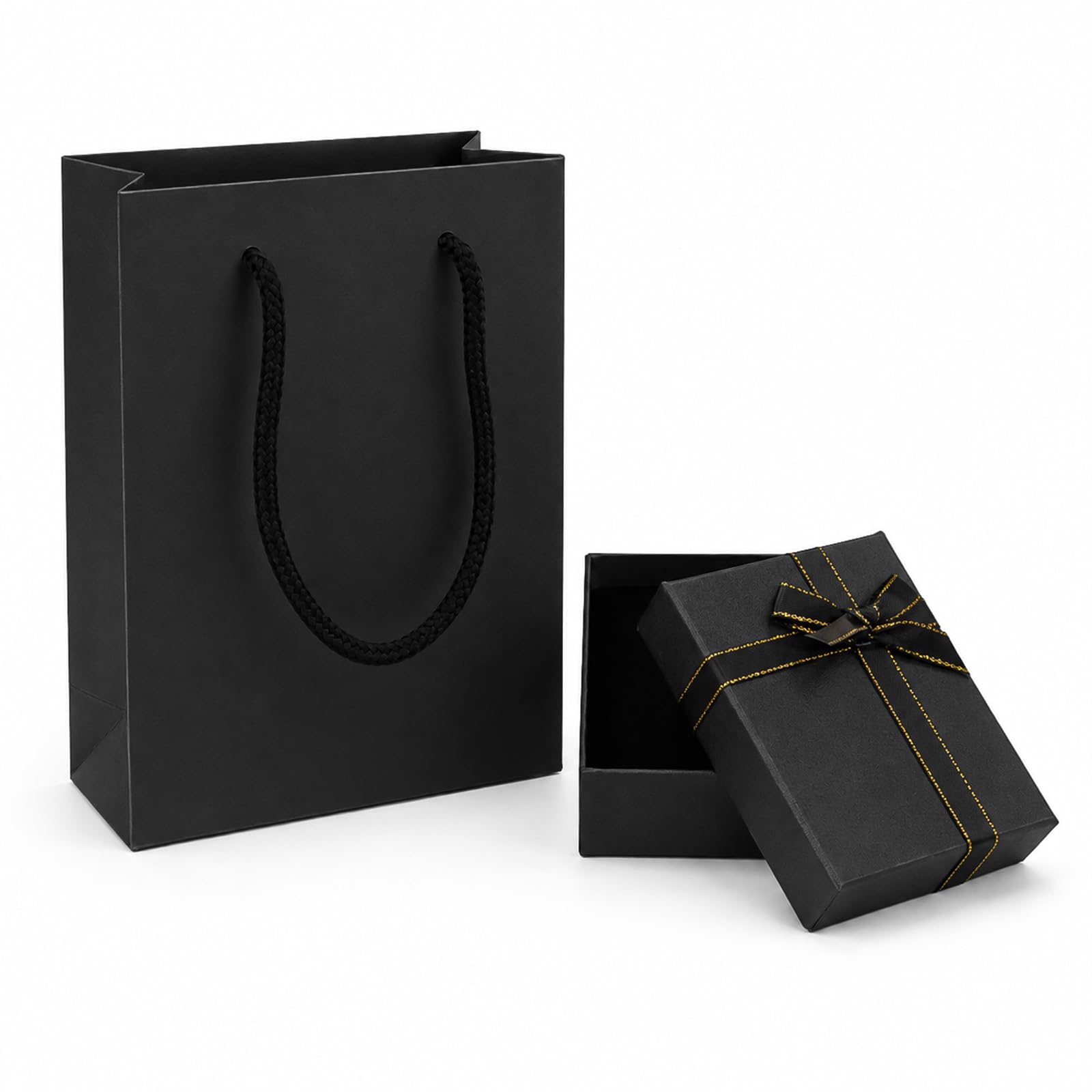 Gift Bag and Gift Box Set, 7x9x3cm Premium Black Jewellery Box Gift and Paper Gift Bag, Elegant Small Gift Bags with Lid for Bracelet Earring Rings Necklaces Earrings Presents