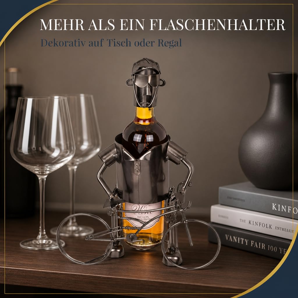 MIJOMA Weinflaschenhalter Fahrradfahrer aus Metall – Deko-Weinständer für 1 Flasche, Handarbeit, originell für Radfahrer, Flaschenhalter Eisen, 25x13x20,5 cm