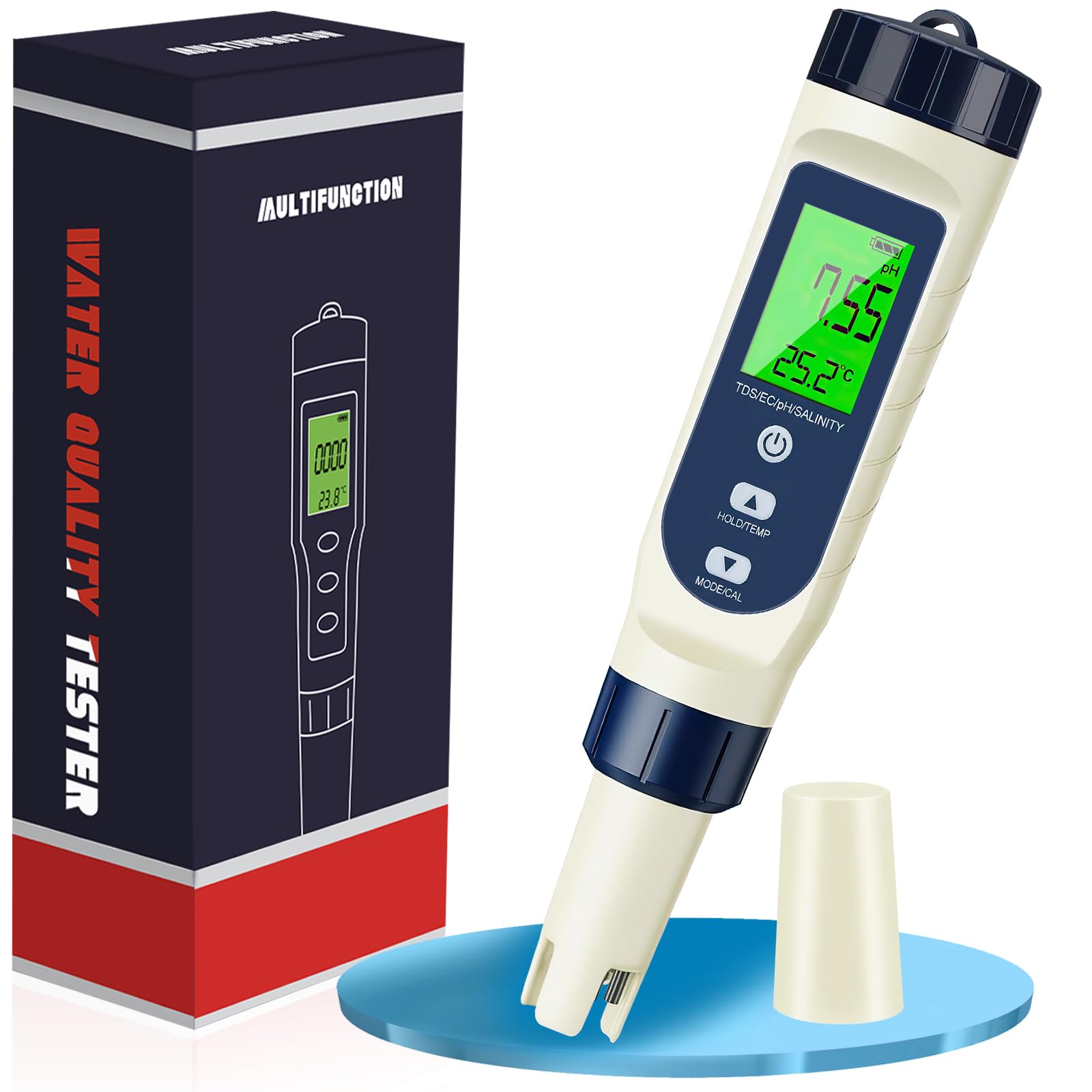 PH Mètre Électronique 5 en 1, PH/TDS/EC/Salinité/Thermomètre, Testeur de pH pour Piscine avec Écran LCD et Compensation Automatique de Température, Testeur d’Eau pour Piscines, Eau Potable, Hydroponie