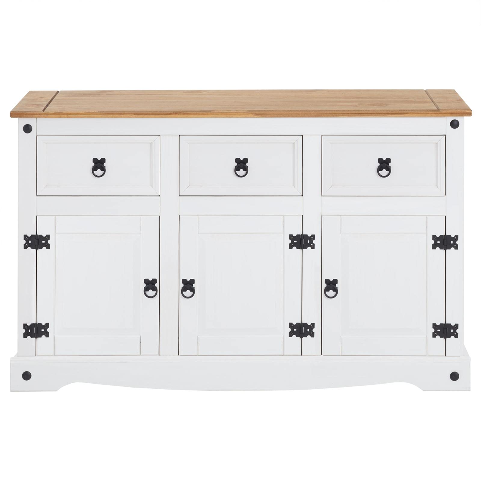 CARO-Möbel Sideboard Campo im Mexiko Stil Kommode Kiefer massiv weiß mit 3 Schubladen und 3 Türen Buffetschrank Geschirrschrank