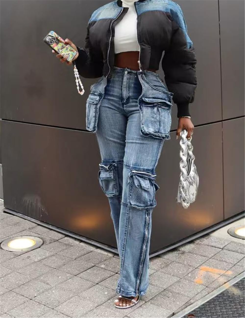 Women Baggy Denim Cargo Straight Leg Jeans with Pockets All Over - Image 5