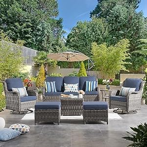 Patiofurnitureoutdoorfurnitureallweatherwicker7piecesconversationsetwithswivelrockingchairsmatchingsidetablehighbacksofaottomansandcoffeetablegreywickerdenimblue Urban Country Home Decor Patio furniture outdoor furniture all weather wicker 7 pieces conversation set with swivel rocking chairs matching side tablehigh back sofaottomans and coffee tablegrey wicker denim blue urban country home decor