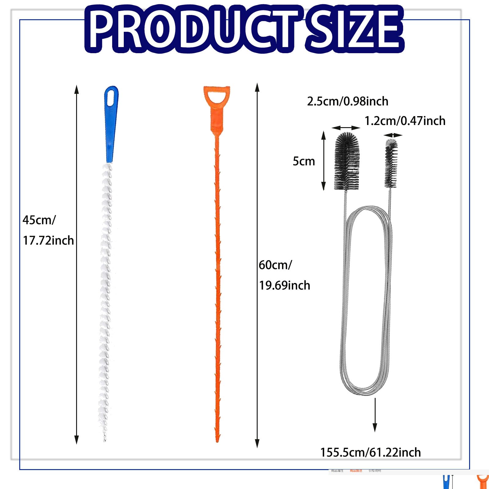 3 Piezas Cepillo de Limpieza para Desagüe, 155.5cm Flexible Cepillo de Limpieza de Tuberías Juego de Limpieza Flexible y Largo para frigorífico, para la Limpieza de Baño Cocina