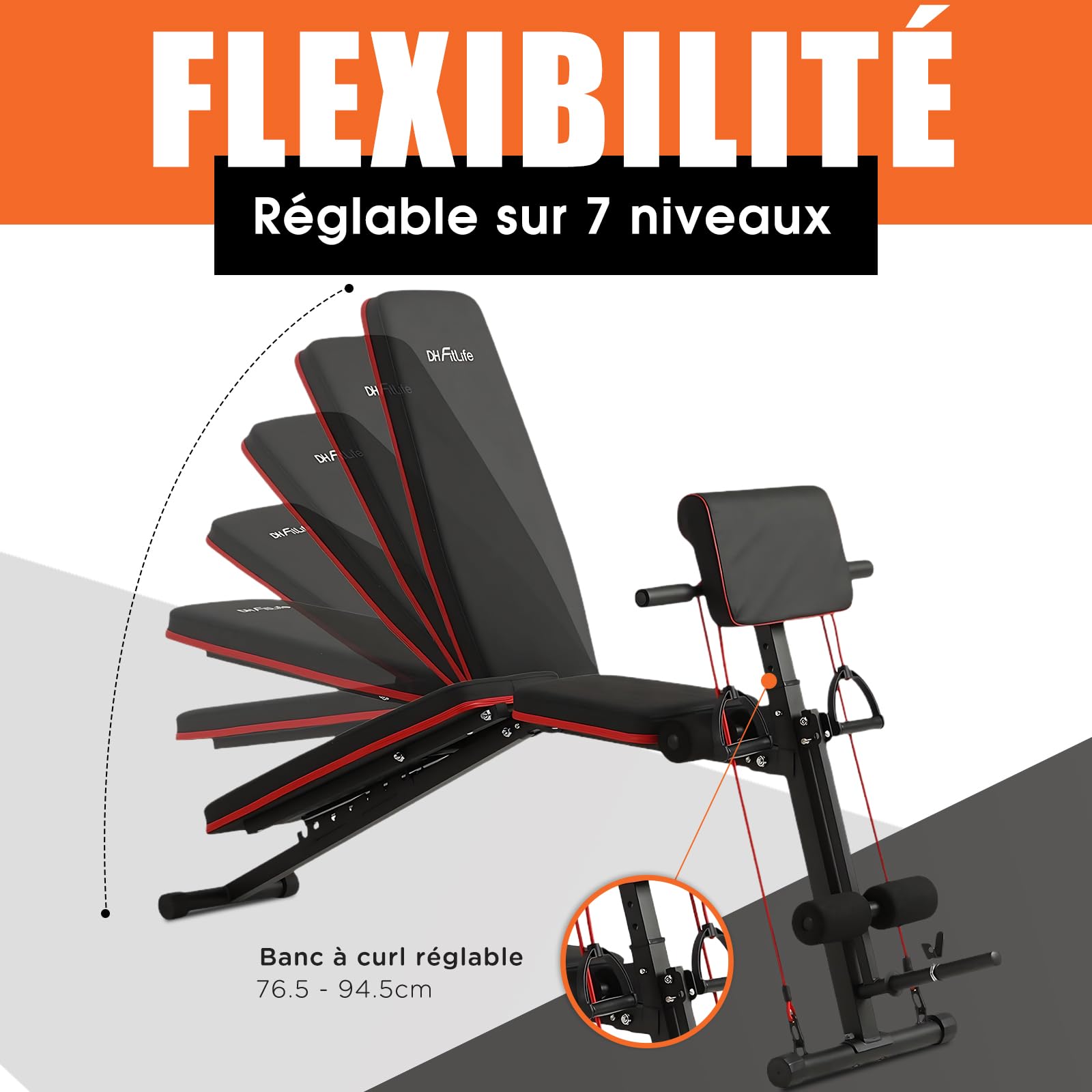 DH FitLife Banc de musculation pliable,banc réglable pour le développé couché, le curl biceps, la musculation du dos et des abdominaux,banc inclinable avec banc curl et extenseur des jambes