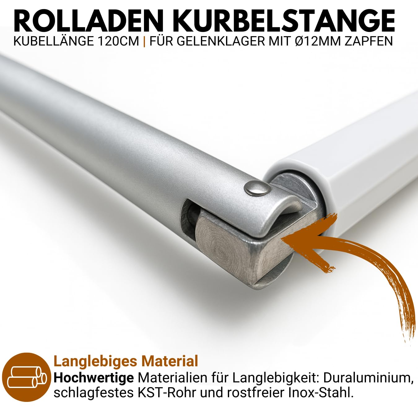 Rolladen Kurbelstange 120cm [Eloxiert], Hand-Kurbel für Gelenklager mit Ø11,9mm Zapfen - Rolladenkurbel rostfreies Aluminium mit ergonomischem Handgriff - markiso®