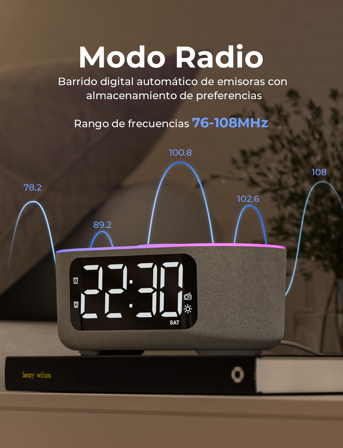 LIORQUE Radio Despertador Digital con Carga Inalámbrica 15W Qi, Reloj Despertador con Pantalla LED de Atenuación Automática, Luz Nocturna, Altavoz Bluetooth, Doble Alarma y Snooze, Modo Fin de Semana