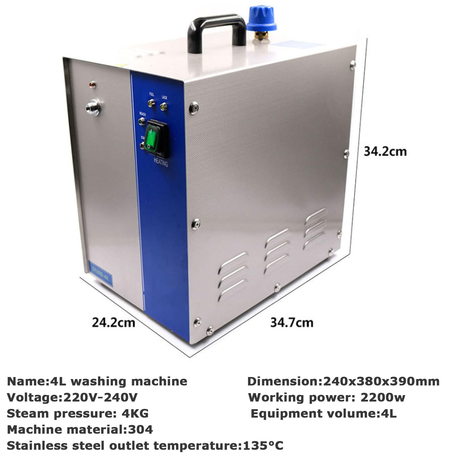 Limpiador de Joyas a Vapor con Calentador, máquina Profesional para Limpiar Gemas, Monedas, Piezas metálicas pequeñas, Discos, Placas de Circuito y Herramientas de Laboratorio, 4 l ()