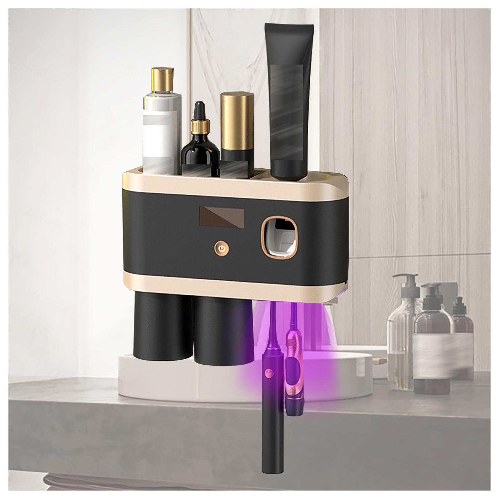 Porta Cepillo De Dientes Inteligente Limpieza Profunda con UV, Porta Cepillo De Dientes Montado En La Pared con Múltiples Ranuras De Carga Solar USB, Toothbrush Holder,2-Cups
