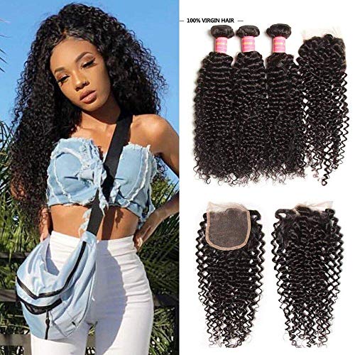 Jolia Hair Brazilian Curly Hair With Lace Closure Natural Black Color Unprocessed Brazilian Virgin Human Hair Weft Extensions (22 24 26+20 Free Part)
