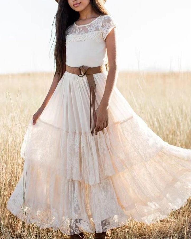 BIBIHOU Girls' Dresses, Floral Lace Backless Party Layered Formal Long Flower Girl Dress, 14 Years3