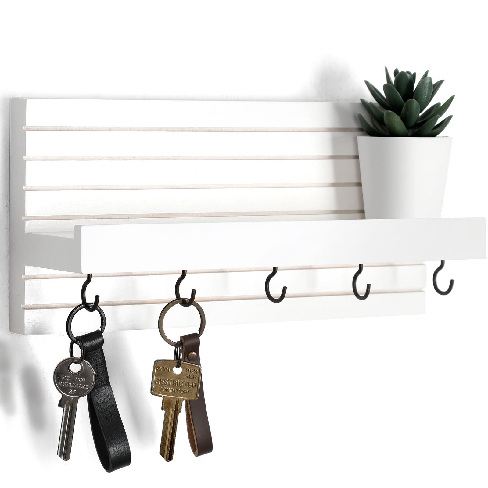 Decorative Key Holder for Wall with Shelf, Entryway Shelf with Hooks Holds Leashes, Jackets and Glasses – Sturdy Wood Keyholder Entrance Hanger with Mounting Hardware (11.8” x 5.5” x 3.1”) (White)